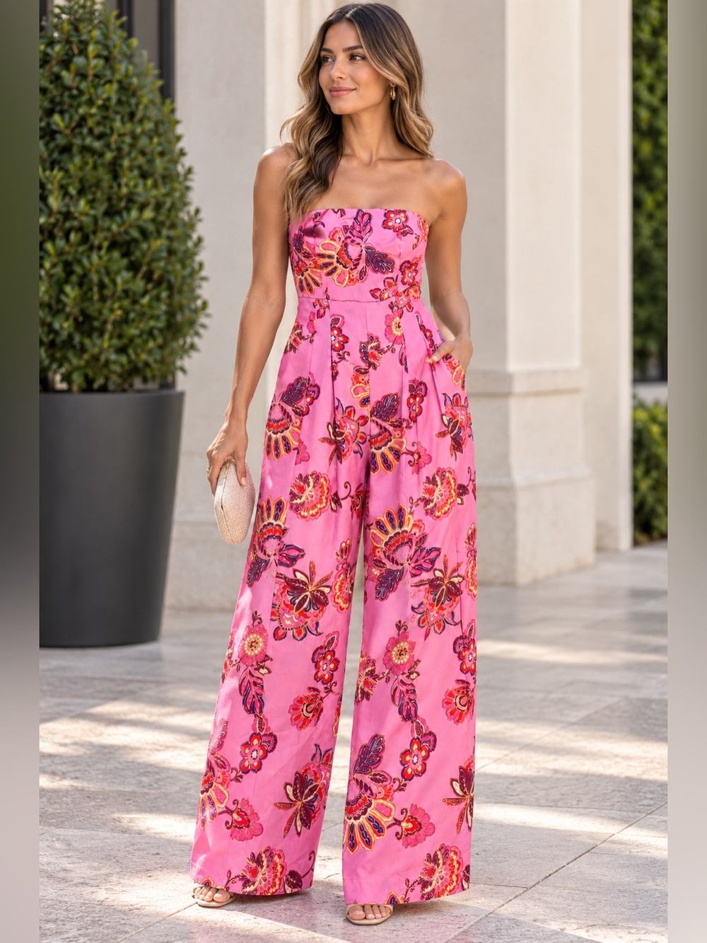 Zara Pink Floral Strapless Wide Leg Jumpsuit Size S NWT